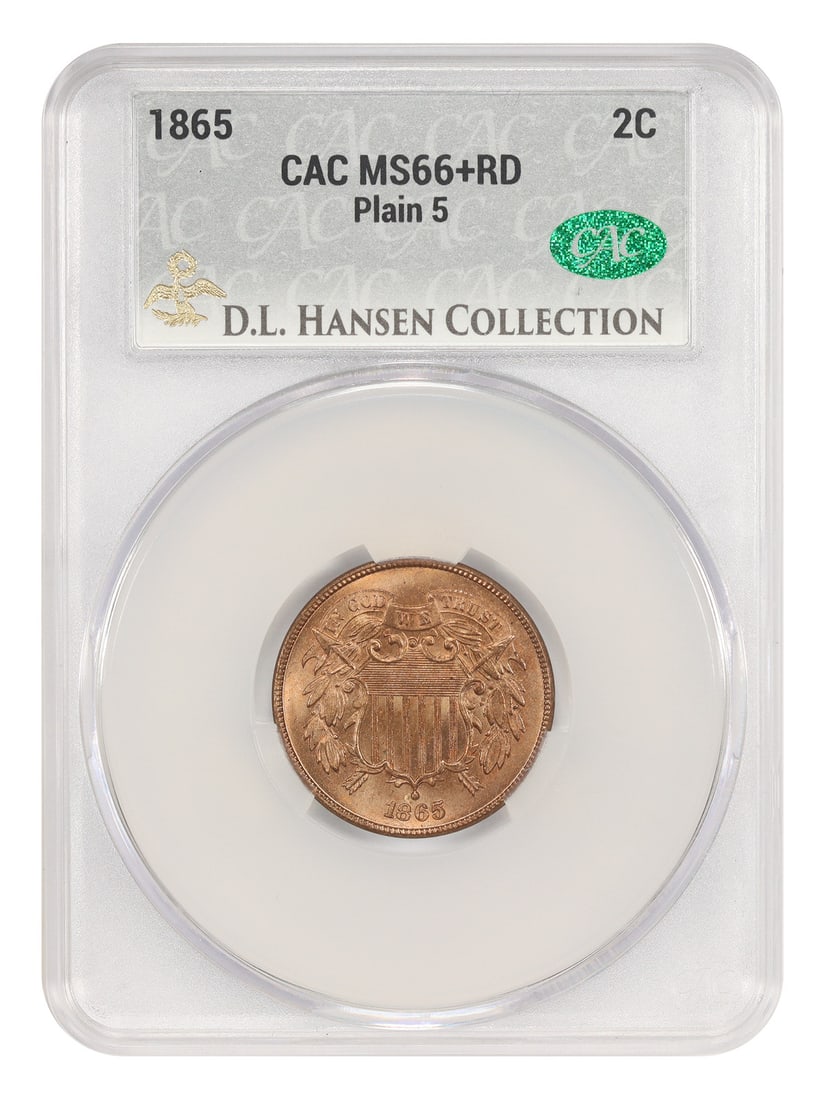 1865 Plain 5 Two Cent CACG MS66+RD ex D.L. Hansen: 1865 Plain 5 Two Cent CACG MS66+RD ex D.L. Hansen 1865 Two Cent piece graded CACG MS66+ RD, Plain 5 variety, ex: D.L. Hansen. This Philadelphia issue is described as tough to locate in full Mint Red. 