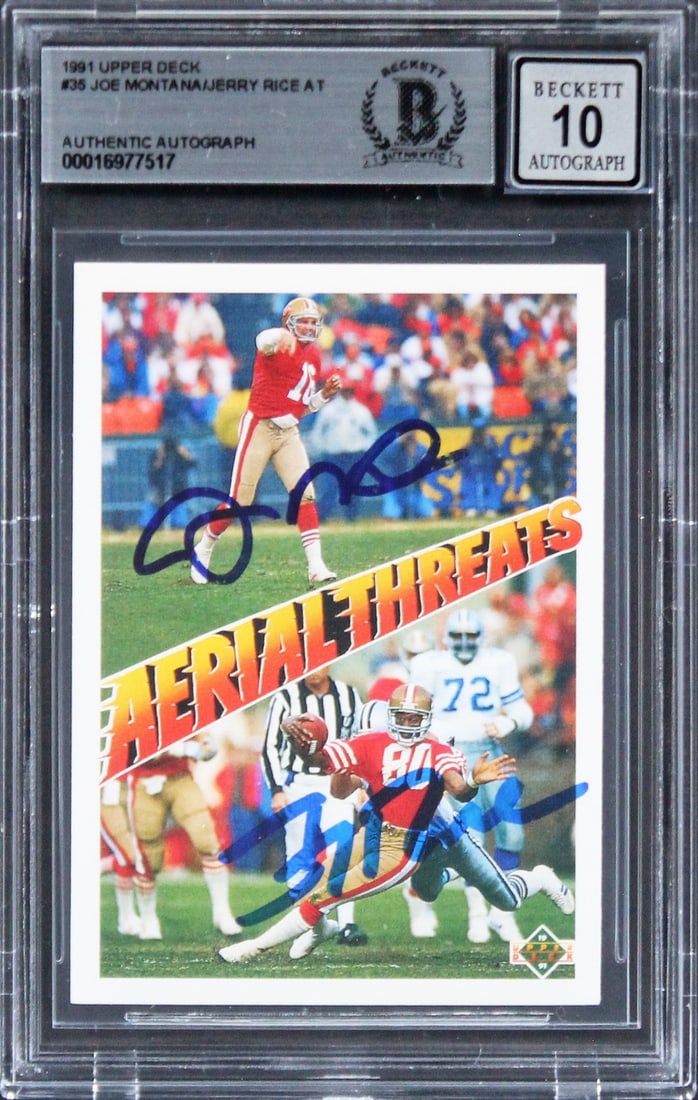 Jerry Rice Joe Montana Signed 1991 Upper Deck Aerial Threats Card Gem Mint 10 Beckett Authenticated: Jerry Rice Joe Montana Signed 1991 Upper Deck Aerial Threats Card Gem Mint 10 Beckett Authenticated This is a highly collectible 1991 Upper Deck #35 Aerial Threats football card featuring the legendar