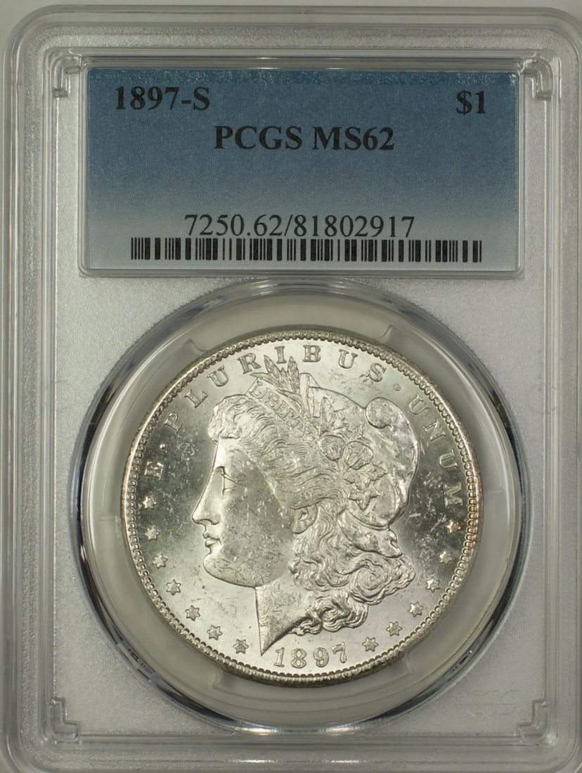 PCGS MS62 1897-S Morgan Silver Dollar $1: PCGS MS62 1897-S Morgan Silver Dollar $1 1897-S Morgan Silver Dollar $1 graded MS-62 by PCGS. This uncirculated United States silver coin is offered in pre-owned condition. Specifications Coin Type: M