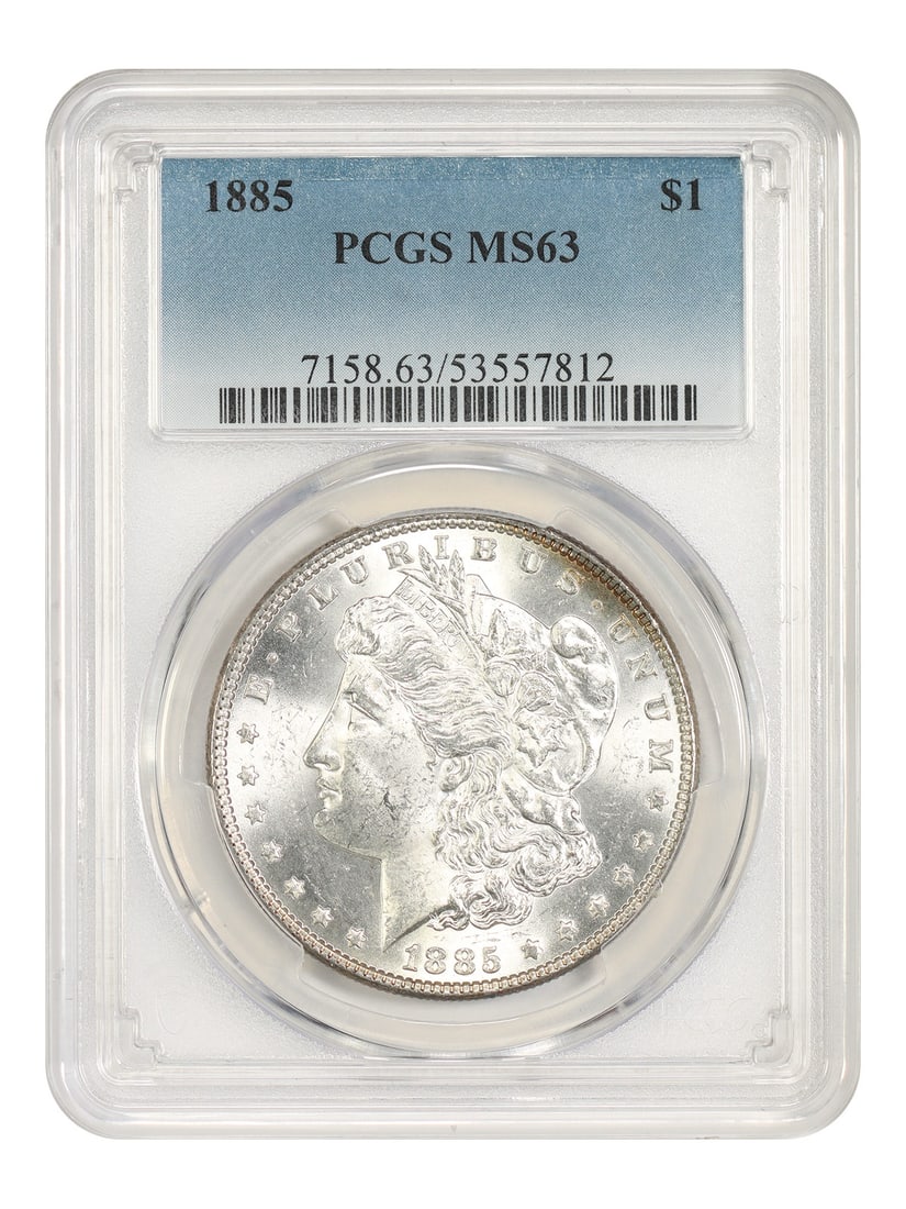 1885 Morgan Silver Dollar PCGS MS63 Philadelphia $1 Coin: 1885 Morgan Silver Dollar PCGS MS63 Philadelphia $1 Coin 1885 Morgan Dollar certified by PCGS as MS63. This Philadelphia Mint issue is an uncirculated example of the popular collector date. As noted i