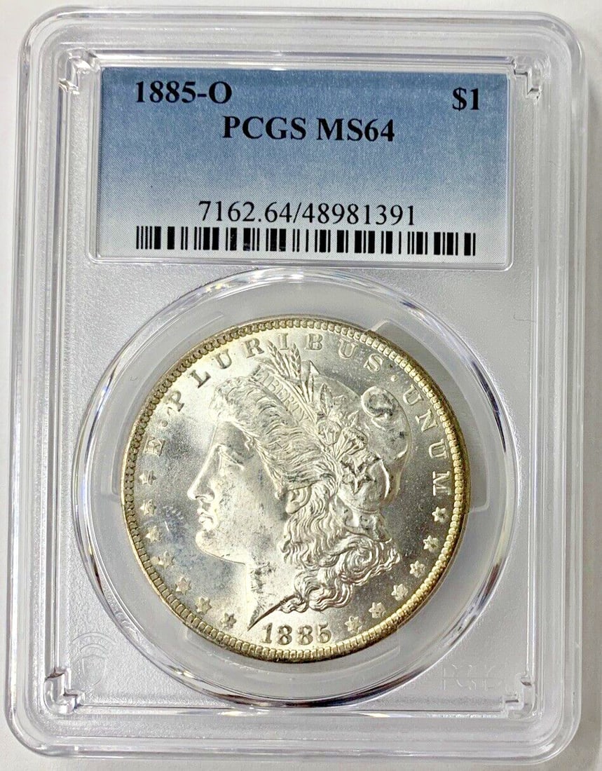 PCGS MS 64 1885-O Morgan Silver Dollar Coin Uncirculated $1: PCGS MS 64 1885-O Morgan Silver Dollar Coin Uncirculated $1 This 1885-O Morgan Silver Dollar features the iconic design and is graded MS 64 by PCGS. Struck in silver, this uncirculated coin was minted
