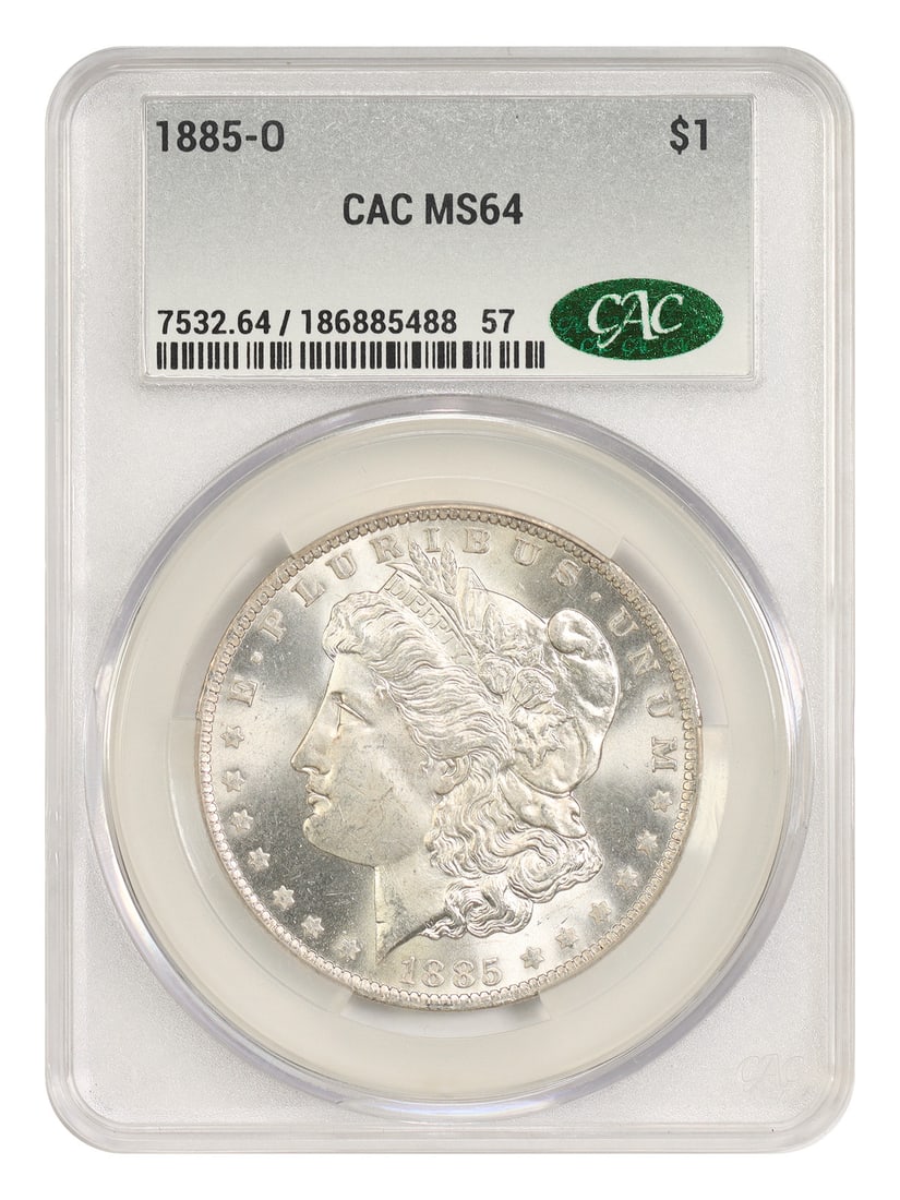CACG MS64 1885 O Morgan Silver Dollar $1 New Orleans Mint: CACG MS64 1885 O Morgan Silver Dollar $1 New Orleans Mint 1885-O Morgan Dollar certified by CACG in MS64 grade. This uncirculated New Orleans issue is a popular O-Mint Morgan, with a mintage of 9,185,