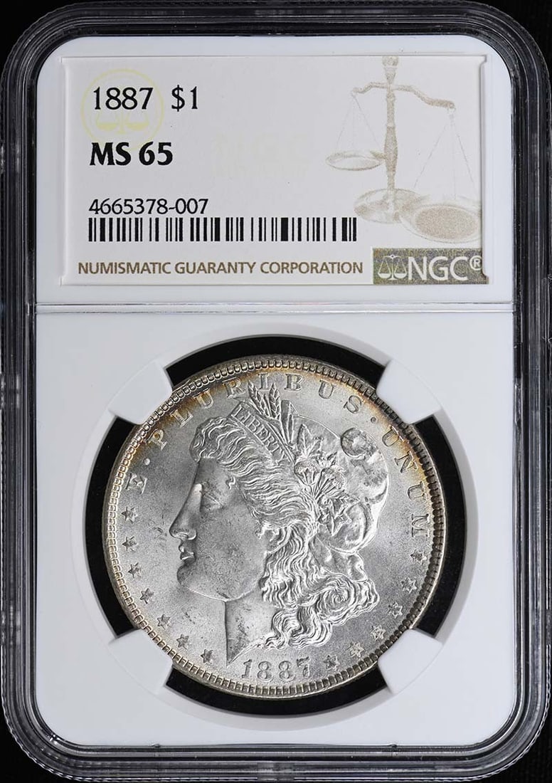 NGC MS65 1887 United States Morgan Silver Dollar: NGC MS65 1887 United States Morgan Silver Dollar 1887 Morgan Dollar certified by NGC and graded MS65. This pre-owned coin is an uncirculated example of the Morgan Dollar struck in the United States. S