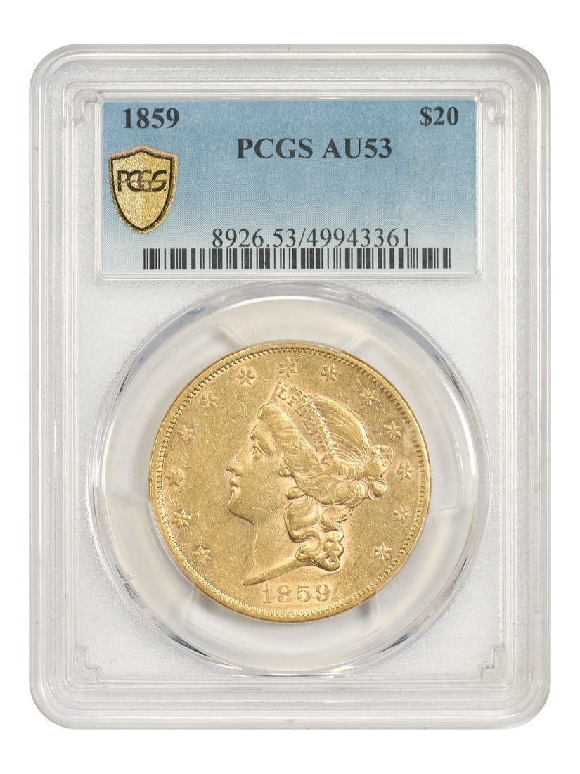 1859 Liberty Head Double Eagle $20 PCGS AU53 Low Mintage: 1859 Liberty Head Double Eagle $20 PCGS AU53 Low Mintage 1859 Liberty Head $20 gold coin graded PCGS AU53. This circulated Philadelphia Double Eagle comes from a low mintage of 43,597, noted as the se