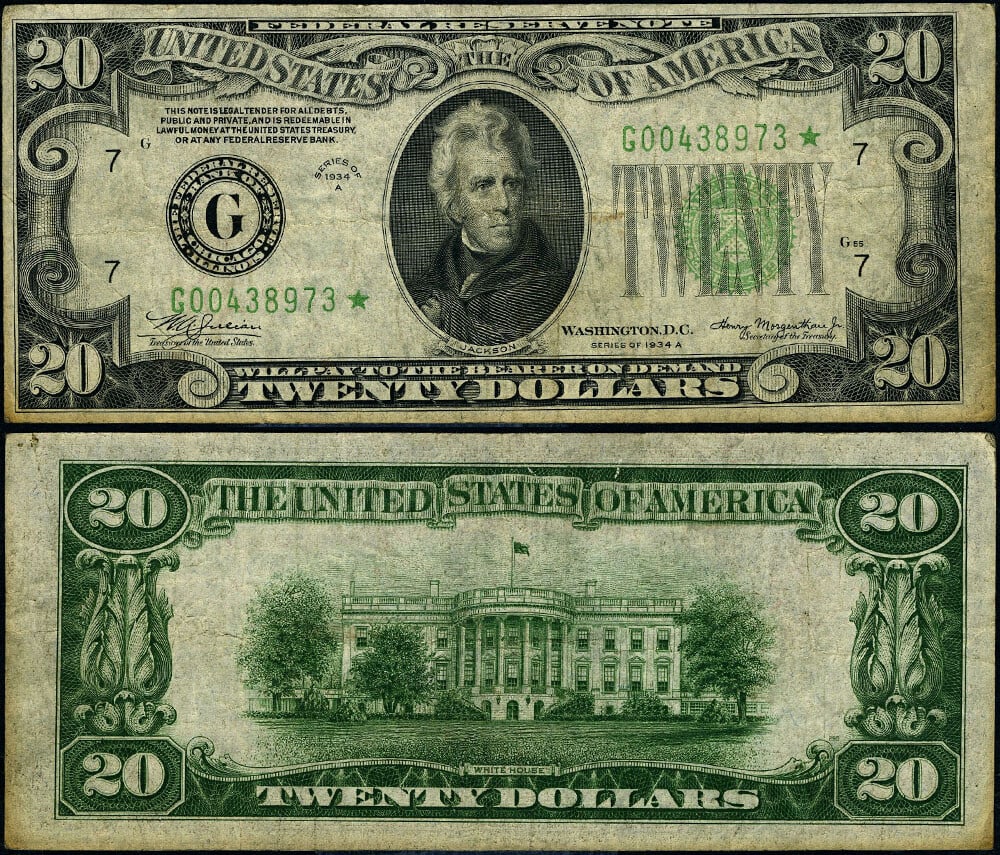 1934-A $20 Chicago Star Note FR 2055 G* Mule Fine+: 1934-A $20 Chicago Star Note FR 2055 G* Mule Fine+ 1934-A $20 Federal Reserve Note, FR. 2055 G* Mule from the Chicago G-* block. This circulated star note is described as a Fine+ example with original