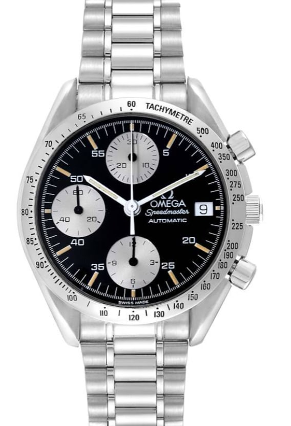 Omega 3511.50 Speedmaster Date mens watch black dial steel bracelet: Omega 3511.50 Speedmaster Date mens watch black dial steel bracelet Omega Speedmaster Date wristwatch featuring a black dial, tachymeter bezel, and stainless steel bracelet. This men's watch is identi