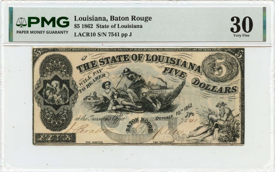 PMG VF30 1862 Louisiana State of Louisiana Baton Rouge $5 Obsolete Note: PMG VF30 1862 Louisiana State of Louisiana Baton Rouge $5 Obsolete Note 1862 State of Louisiana obsolete note from Baton Rouge, graded PMG VF30. This pre-owned note is circulated and identified as a U