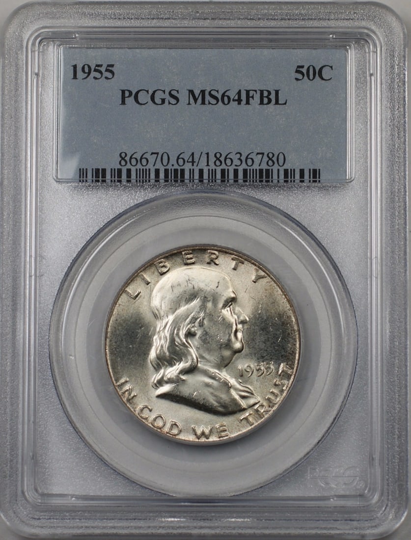 PCGS MS64 FBL 1955 Silver Half Dollar Philadelphia Mint: PCGS MS64 FBL 1955 Silver Half Dollar Philadelphia Mint This is a 1955 Franklin Silver Half Dollar 50-cent coin graded MS 64 FBL by PCGS. The coin is uncirculated, lightly toned, and originates from t