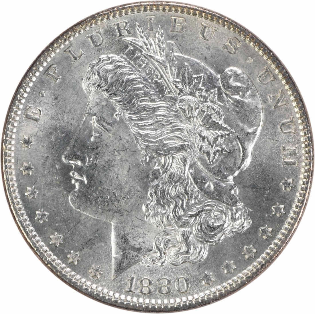 Brilliant Uncirculated 1880 Silver Morgan Dollar Uncertified Philadelphia Mint: Brilliant Uncirculated 1880 Silver Morgan Dollar Uncertified Philadelphia Mint This 1880 Morgan Silver Dollar is an uncirculated coin from the United States, featuring a brilliant uncirculated (BU) gr