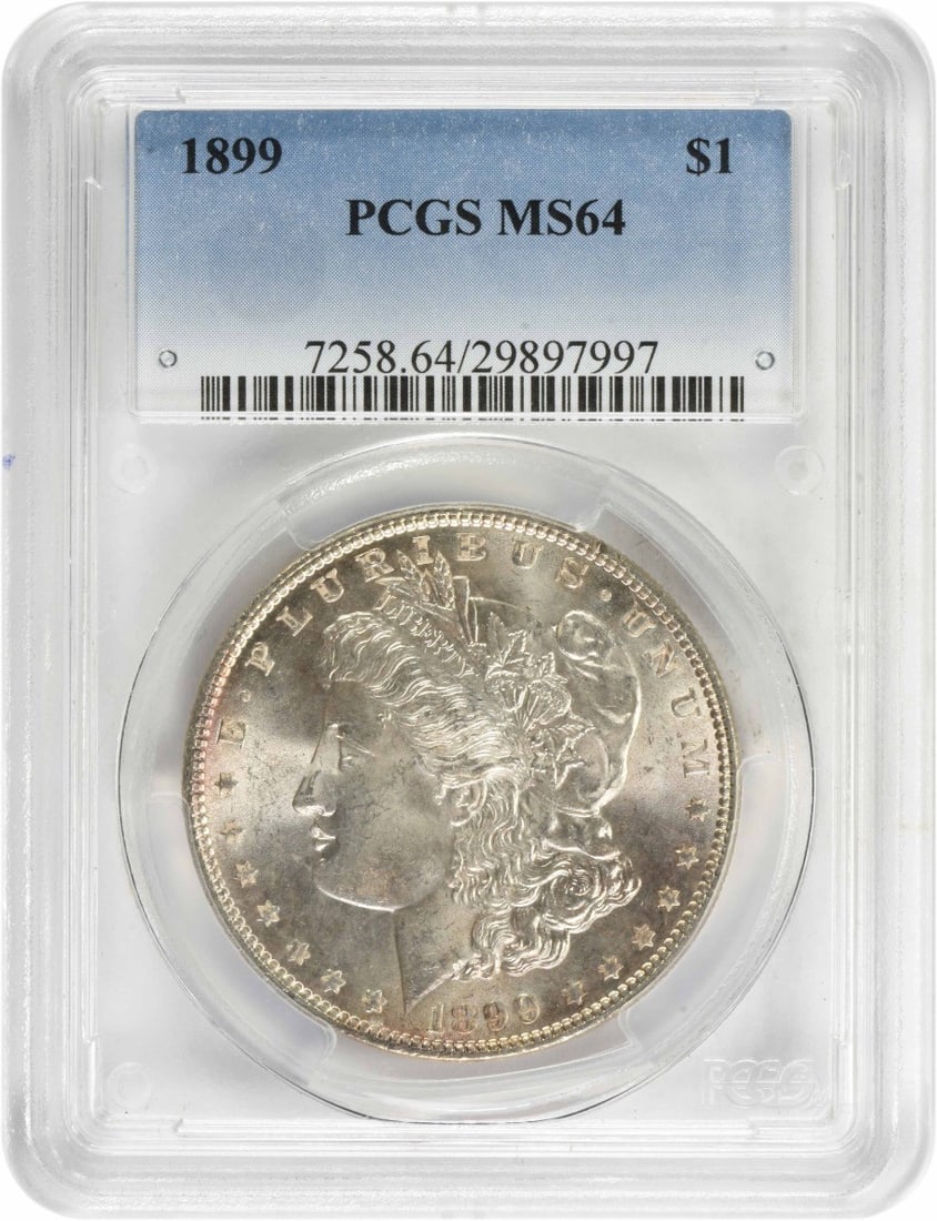 PCGS MS64 1899 Morgan $1 Silver Dollar: PCGS MS64 1899 Morgan $1 Silver Dollar 1899 Morgan Silver Dollar graded MS64 by PCGS. This uncirculated United States $1 coin features the classic Morgan design by George T. Morgan and is struck in 90