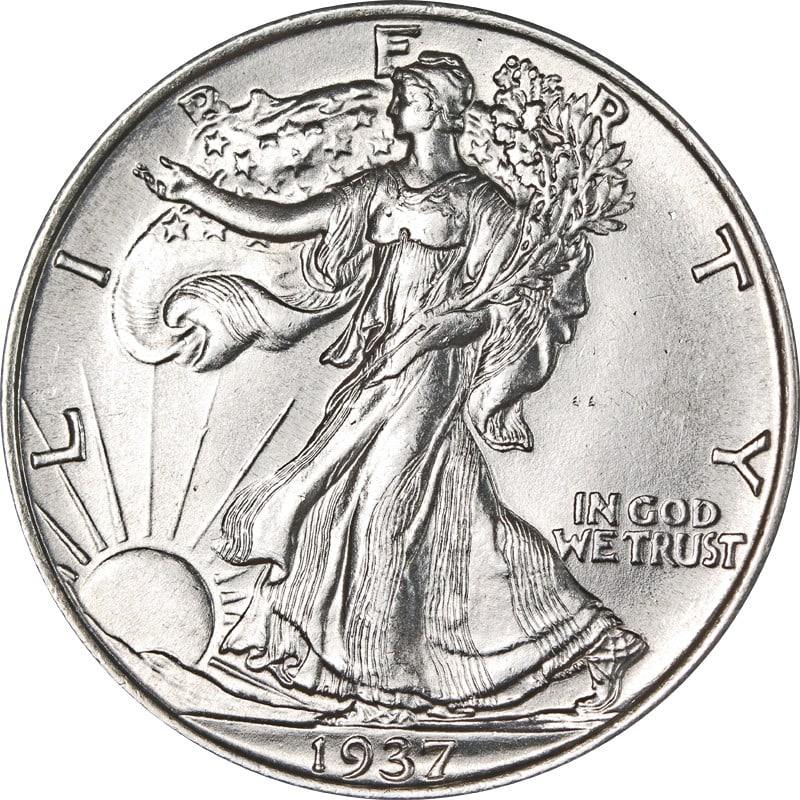Uncirculated 1937 P Walking Liberty Silver Half Dollar: Uncirculated 1937 P Walking Liberty Silver Half Dollar 1937-P Walking Liberty Half from the United States. This pre-owned coin is uncirculated, uncertified, and struck in silver. Specifications Item: 