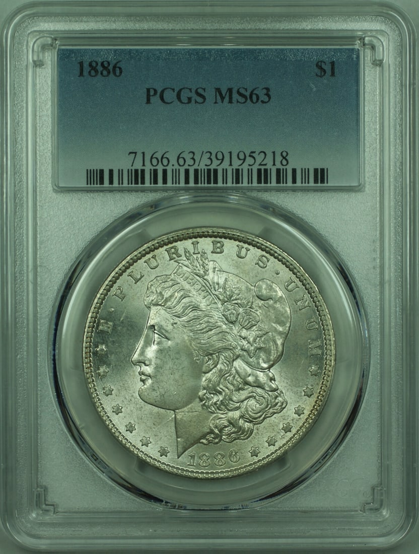 PCGS MS-63 1886 Morgan $1 Silver Dollar Philadelphia: PCGS MS-63 1886 Morgan $1 Silver Dollar Philadelphia 1886 Morgan Silver Dollar $1 coin certified by PCGS as MS-63. This uncirculated silver coin is a pre-owned example, with the original listing notin
