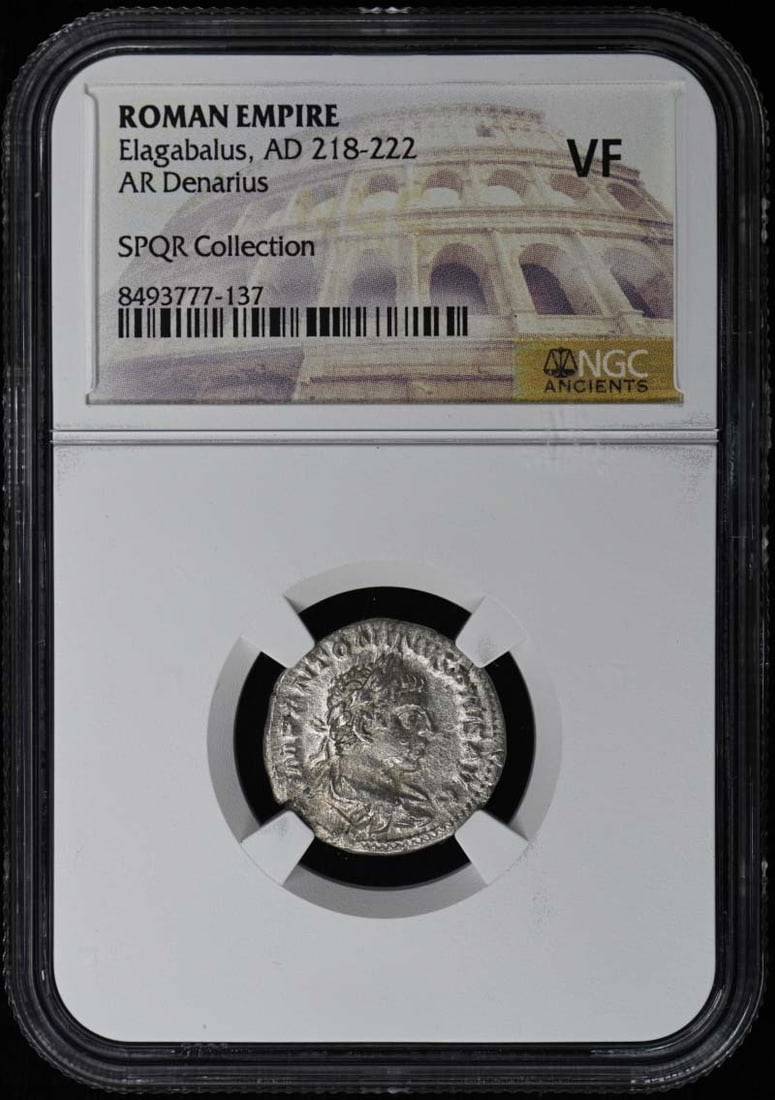 NGC VF20 Roman Empire AR Denarius of Elagabalus AD 218-222: NGC VF20 Roman Empire AR Denarius of Elagabalus AD 218-222 Roman Empire AR denarius of Elagabalus, dated AD 218-222. This pre-owned coin has been graded VF20 by NGC. Specifications Ruler: Elagabalus D
