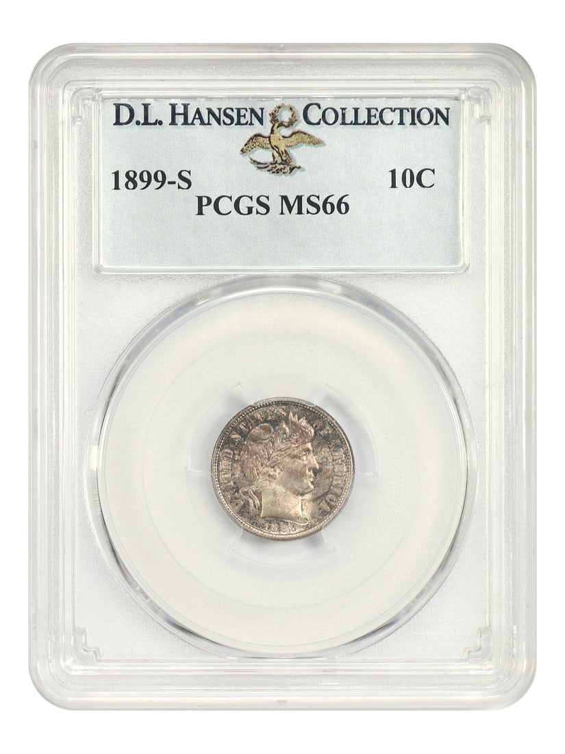 PCGS MS66 1899-S Barber Dime 10C ex D.L. Hansen: PCGS MS66 1899-S Barber Dime 10C ex D.L. Hansen 1899-S Barber Dime certified by PCGS as MS66 and pedigreed ex: D.L. Hansen. Although a plentiful San Francisco Mint issue in most grades, superb gems su
