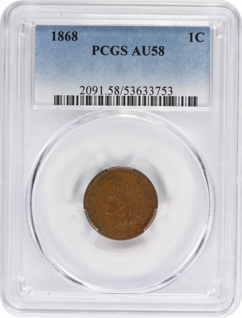 PCGS AU58 1868 Indian Head Small Cent Copper: PCGS AU58 1868 Indian Head Small Cent Copper 1868 Indian Head Small Cent graded AU58 by PCGS. This pre-owned United States copper coin is listed as circulated. Specifications Year: 1868 Coin: Indian H