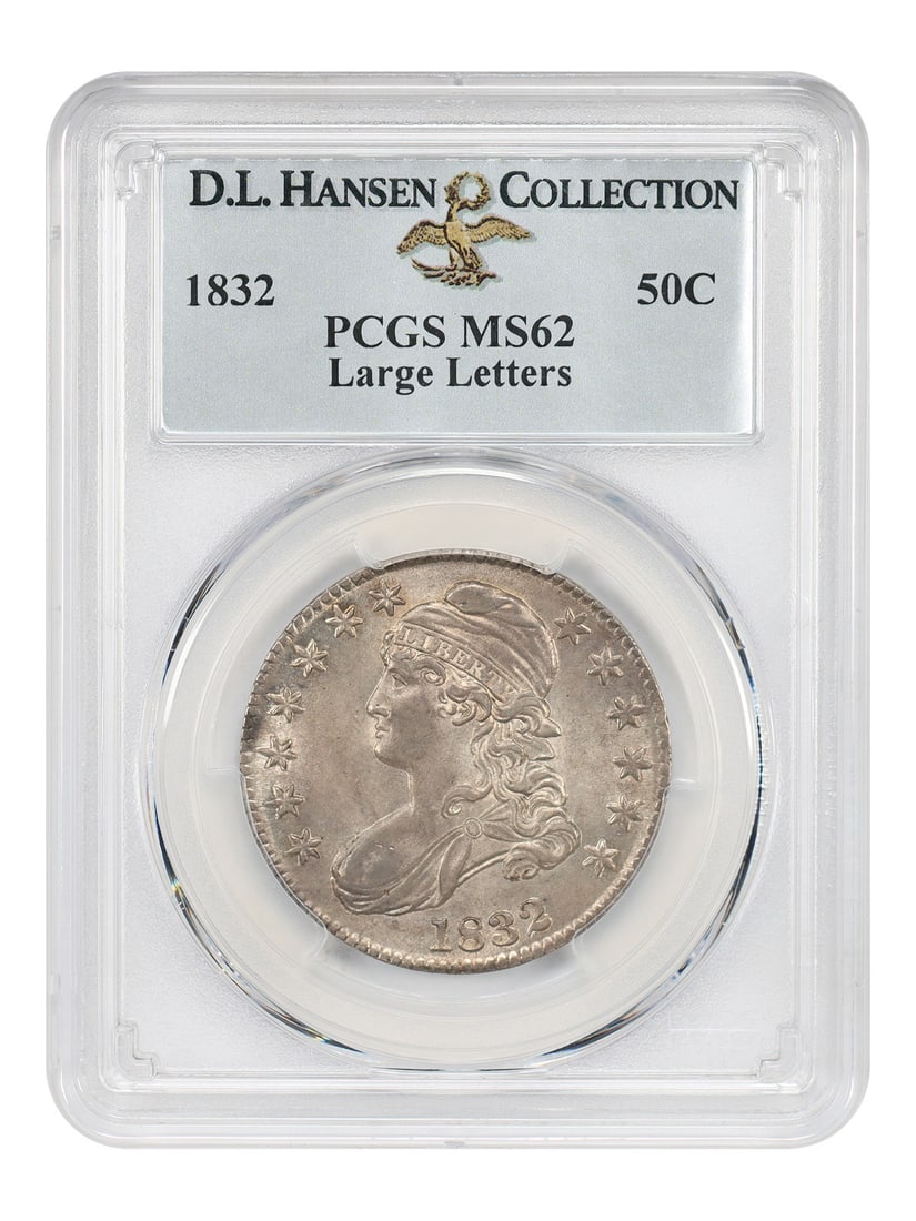 1832 Capped Bust Half Dollar PCGS MS62 Large Letters: 1832 Capped Bust Half Dollar PCGS MS62 Large Letters 1832 Capped Bust Half Dollar graded PCGS MS62, Large Letters variety, ex: D.L. Hansen. This Philadelphia issue is an uncirculated example with the 