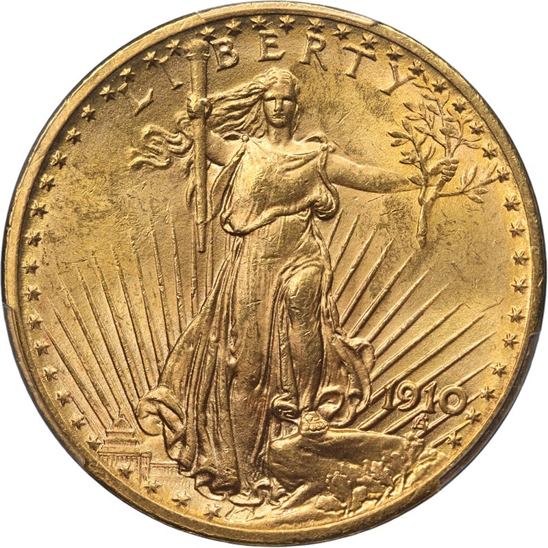 PCGS MS63 1910-P Saint-Gaudens $20 Gold Double Eagle: PCGS MS63 1910-P Saint-Gaudens $20 Gold Double Eagle Original 1910-P Saint-Gaudens Gold $20 coin graded PCGS MS63. This uncirculated pre-owned coin is noted for nice eye appeal, nice luster, a nice st