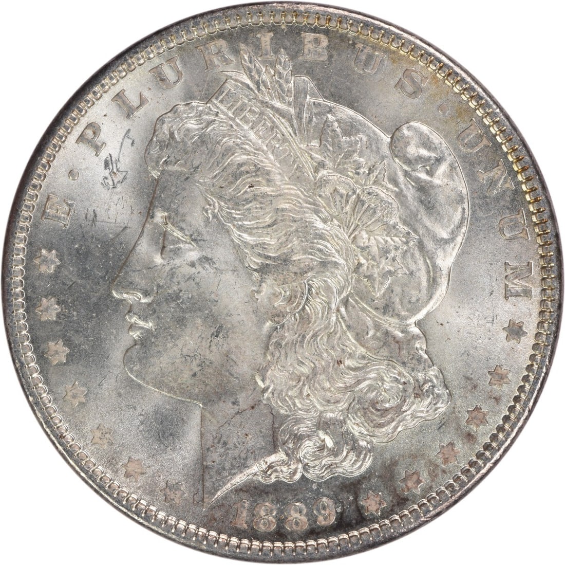 Choice BU 1889 Silver Morgan Dollar Uncertified Philadelphia Mint: Choice BU 1889 Silver Morgan Dollar Uncertified Philadelphia Mint This 1889 Morgan Silver Dollar is a pre-owned, uncirculated coin graded as Choice BU. It features a composition of silver with a denom