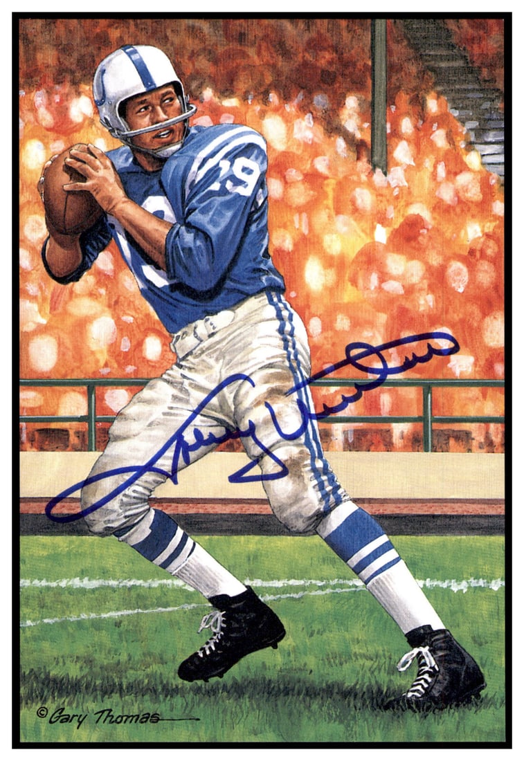 Johnny Unitas Autographed Goal Line Art Card Baltimore Colts PSA/DNA: Johnny Unitas Autographed Goal Line Art Card Baltimore Colts PSA/DNA This is an original Johnny Unitas signed Goal Line Art Card, a must-have for any football enthusiast and collector. The card featur