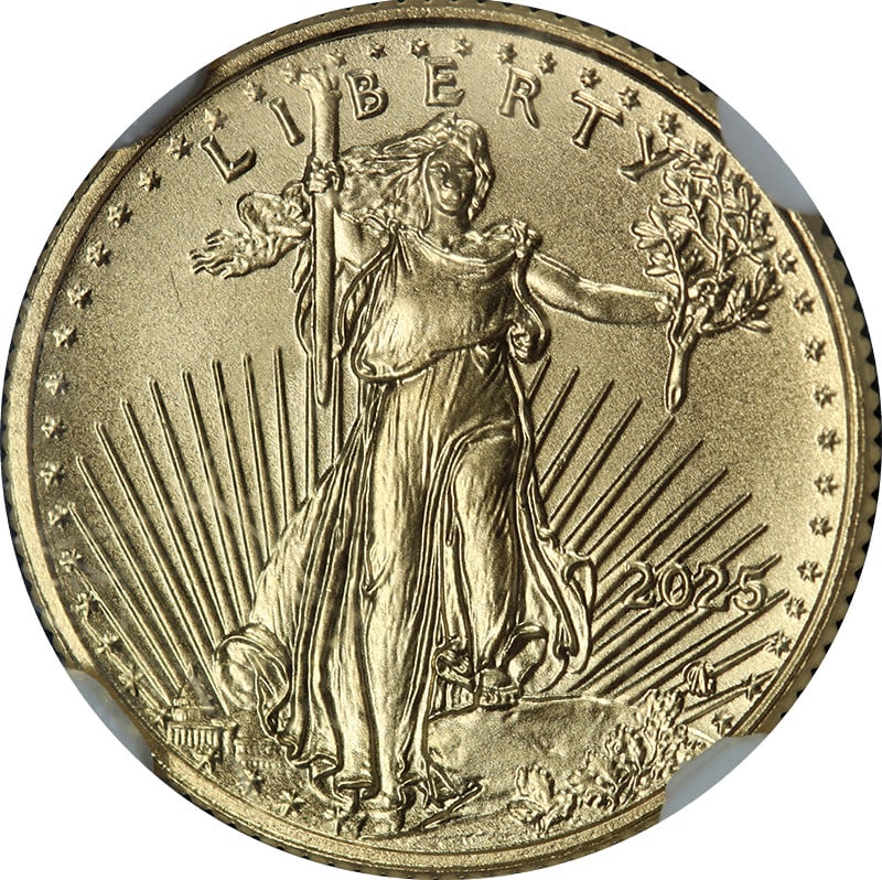 NGC MS70 2025 $5 Gold American Eagle Brown Label Coin: NGC MS70 2025 $5 Gold American Eagle Brown Label Coin 2025 Gold American Eagle $5 graded NGC MS70 with Brown Label. This uncirculated gold coin is described as having superb eye appeal, fantastic lust