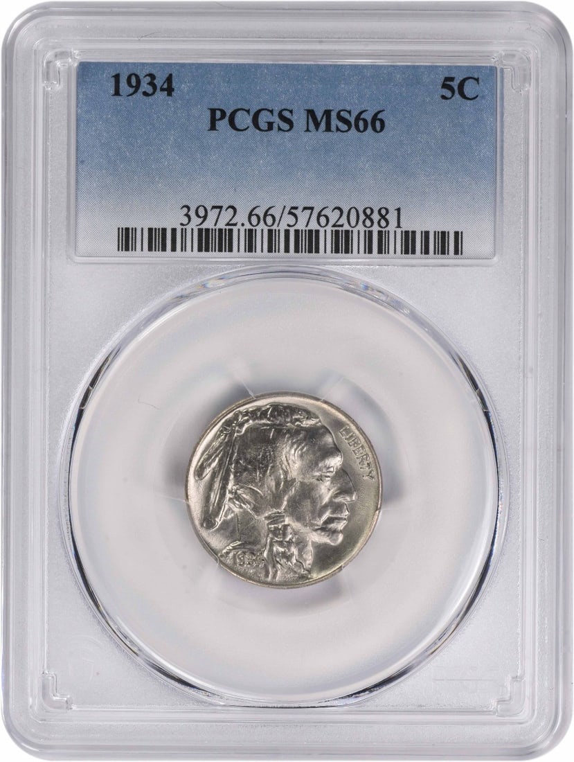 1934 Buffalo Nickel MS66 Graded by PCGS Uncirculated: 1934 Buffalo Nickel MS66 Graded by PCGS Uncirculated This 1934 Buffalo Nickel, graded MS66 by PCGS, is a stunning example of the classic American coinage. Featuring the iconic design by James Earle Fr
