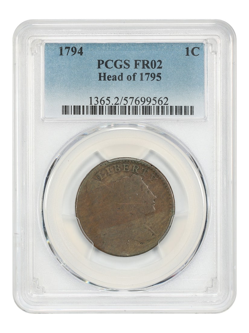 1794 Flowing Hair Large Cent 1C PCGS Fair 02 Head of 1795: 1794 Flowing Hair Large Cent 1C PCGS Fair 02 Head of 1795 1794 Flowing Hair Large Cent, Head of 1795 variety, certified by PCGS in Fair 02 condition. This circulated pre-owned coin is a 1C denominatio