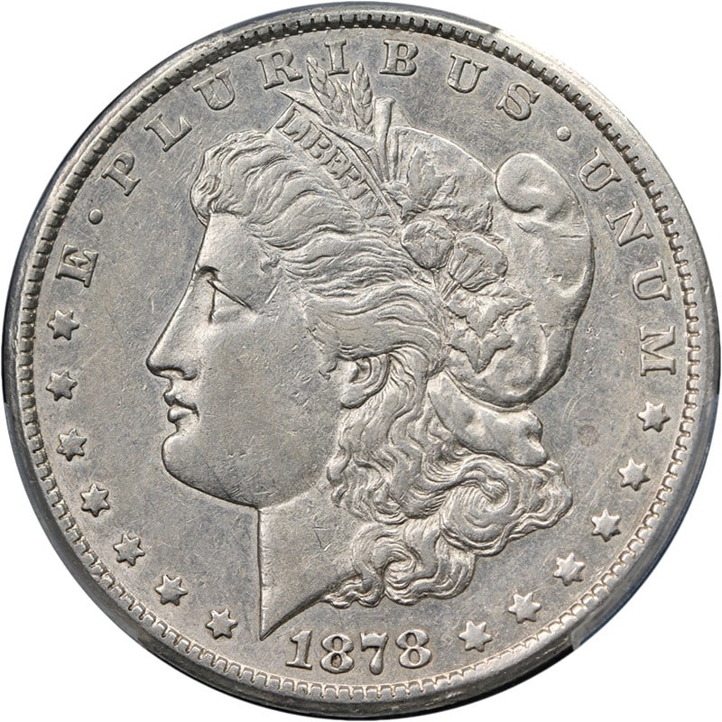PCGS XF45 1878-CC Morgan Dollar VAM 6 Doubled Leaves Silver Coin: PCGS XF45 1878-CC Morgan Dollar VAM 6 Doubled Leaves Silver Coin 1878-CC Morgan Silver Dollar, VAM 6 Doubled Leaves variety, graded PCGS XF45. This circulated silver coin is described as having strong
