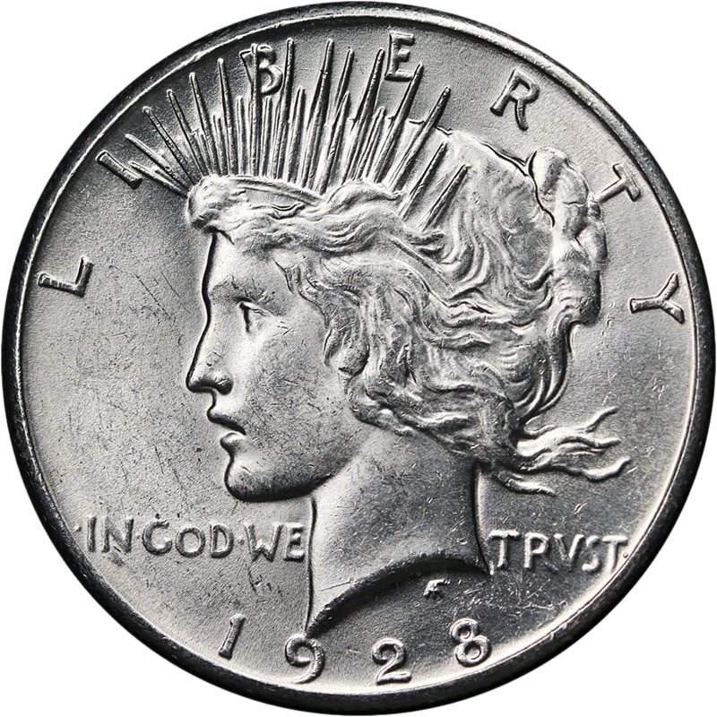 1928 P Peace Silver Dollar Uncertified Uncirculated BU: 1928 P Peace Silver Dollar Uncertified Uncirculated BU 1928-P Peace Dollar in Nice BU condition with strong eye appeal, fantastic luster, and a strong strike. The coin is described as bright white wit