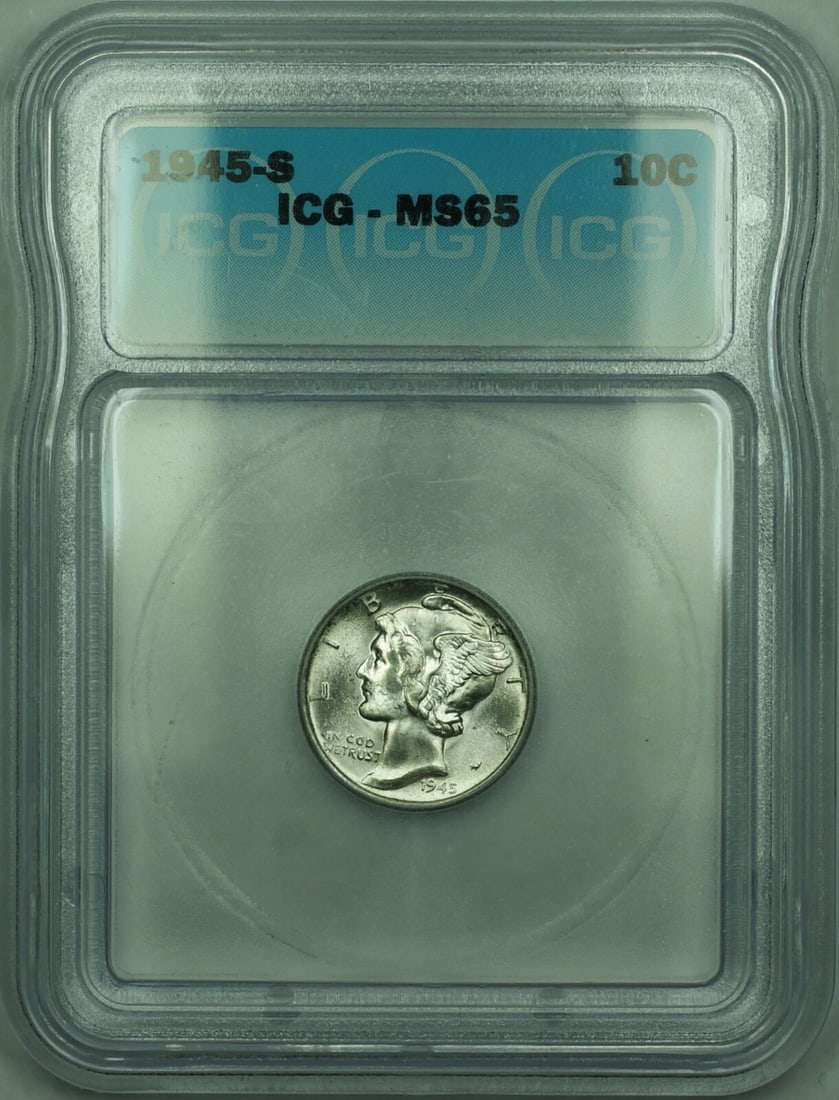 ICG MS-65 1945-S Mercury Dime 10C Silver Uncirculated: ICG MS-65 1945-S Mercury Dime 10C Silver Uncirculated 1945-S Mercury silver dime graded MS 65 by ICG. This uncirculated 10 cent coin is composed of 90% silver. The original listing notes that, in the 