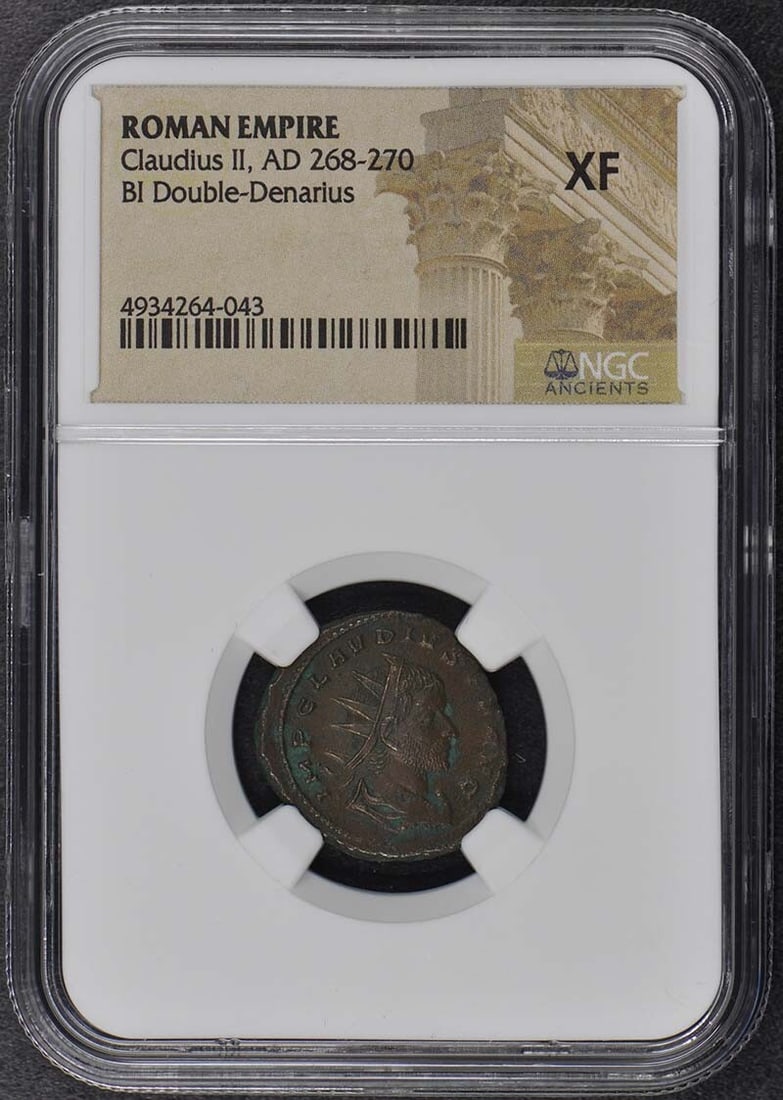 NGC XF40 Claudius II Roman Empire BI Double-Denarius AD 268-270: NGC XF40 Claudius II Roman Empire BI Double-Denarius AD 268-270 Ancient Roman Empire BI Double-Denarius of Claudius II, dated AD 268-270. This pre-owned coin is certified and graded XF40 by NGC. Speci