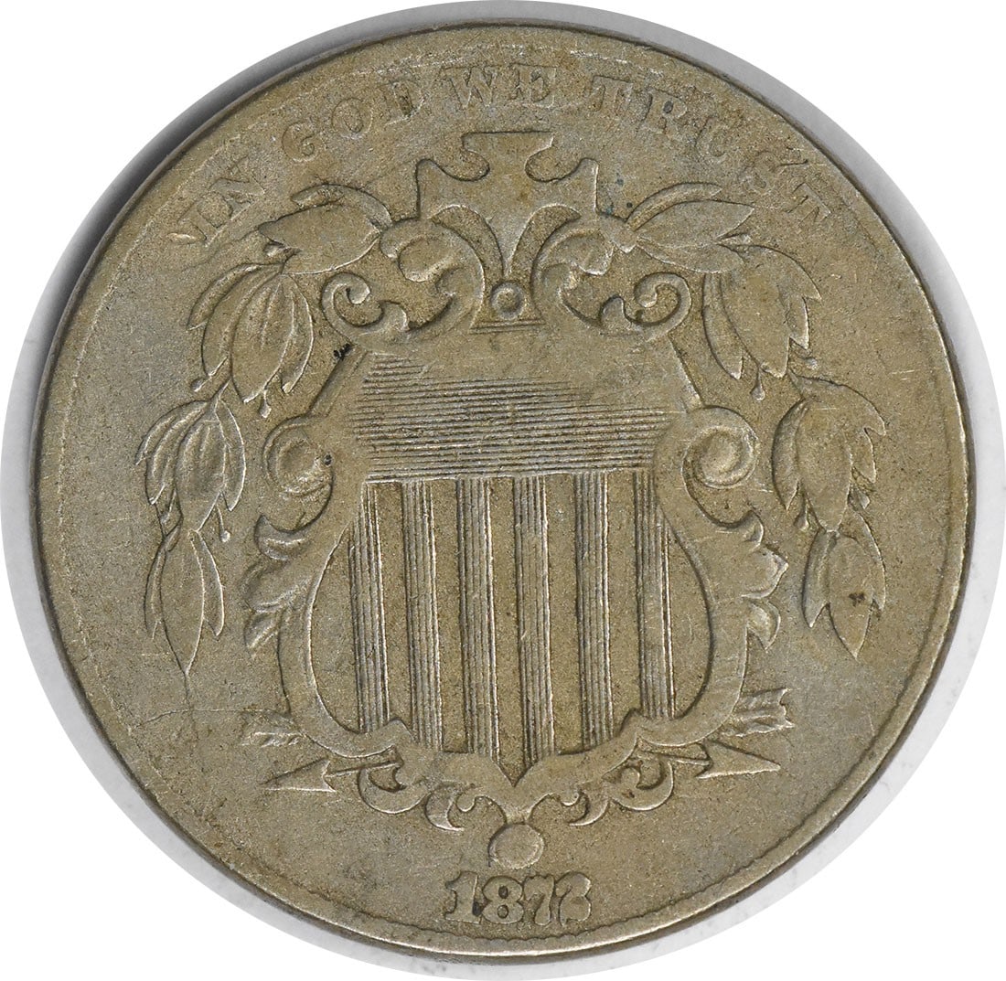1872 5C Shield Nickel VF Circulated Uncertified: 1872 5C Shield Nickel VF Circulated Uncertified 1872 Shield Nickel in circulated Very Fine (VF) condition. This uncertified United States 5-cent coin features the Shield design by James Barton Longacr