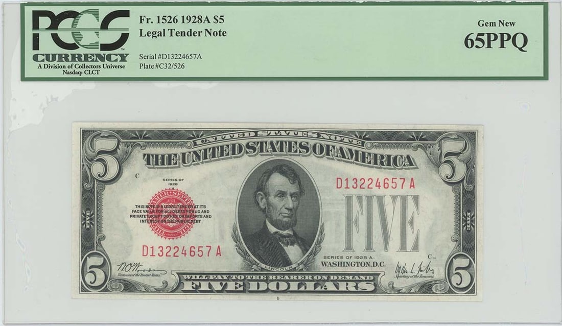 PCGS 65 Gem New PPQ 1928A $5 Legal Tender Note FR#1526: PCGS 65 Gem New PPQ 1928A $5 Legal Tender Note FR#1526 1928A $5 Legal Tender note, Friedberg #1526, graded PCGS 65 Gem New PPQ. This United States note is an uncirculated example and comes encapsulate