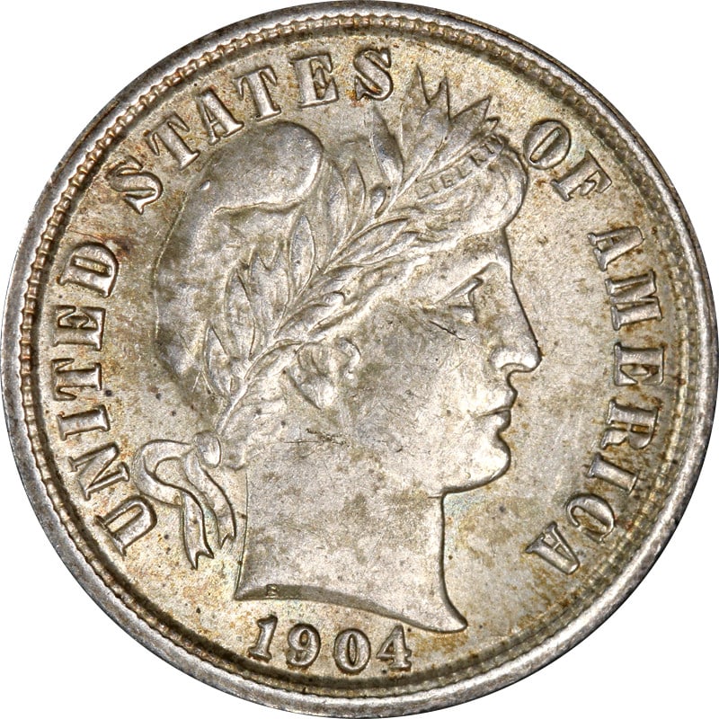 1904-P Barber Dime Choice Circulated Silver Coin: 1904-P Barber Dime Choice Circulated Silver Coin This 1904-P Barber Dime is a notable collectible coin, featuring a composition of 90% silver. The coin has circulated but remains in choice condition, 