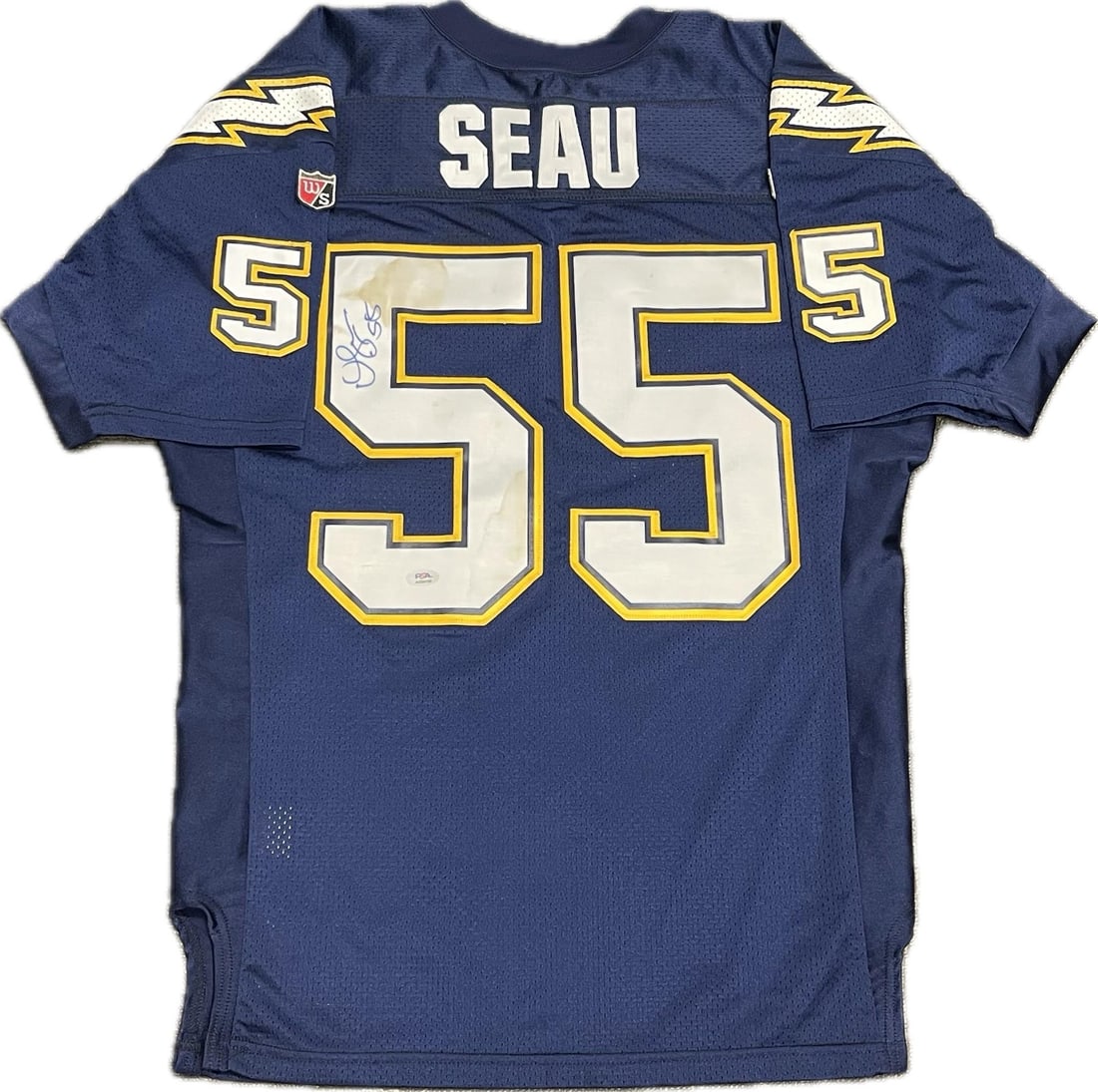 Junior Seau Autographed Jersey PSA San Diego Chargers Memorabilia: Junior Seau Autographed Jersey PSA San Diego Chargers Memorabilia This is a signed jersey by NFL legend Junior Seau, showcasing his authentic autograph. The signature has been verified by PSA/DNA expe