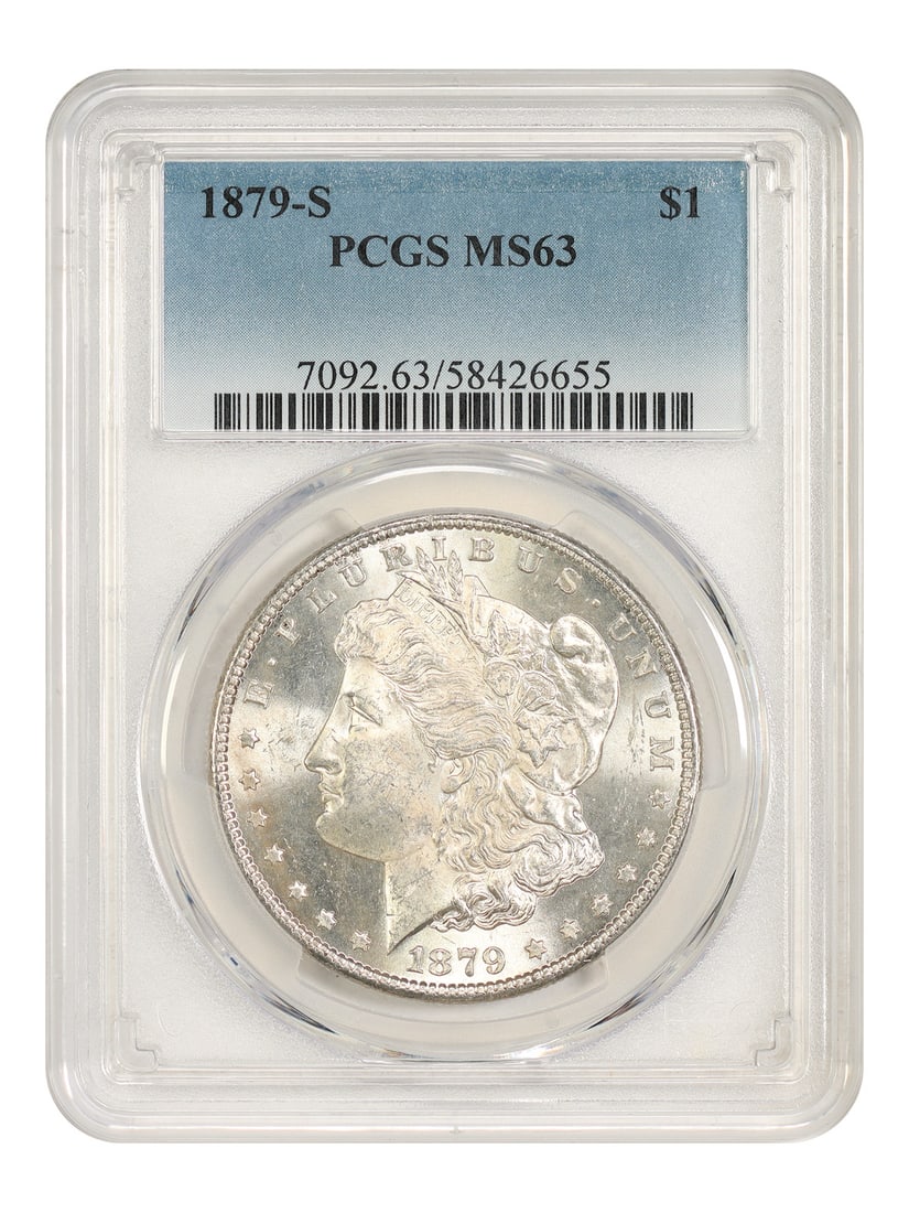 PCGS MS63 1879-S Morgan Silver Dollar $1: PCGS MS63 1879-S Morgan Silver Dollar $1 1879-S Morgan Dollar graded MS63 by PCGS. This uncirculated example is from the San Francisco Mint. Although it is one of the more common dates in the Morgan d