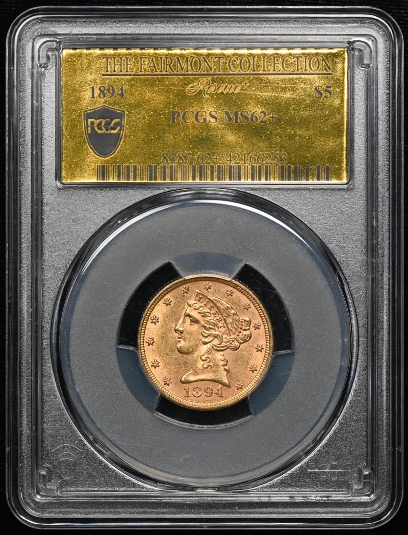 1894 Liberty Head Five Dollar Gold Coin PCGS MS62 Plus: 1894 Liberty Head Five Dollar Gold Coin PCGS MS62 Plus This 1894 Liberty Head Half Eagle $5 gold coin is certified by PCGS with a grade of MS62+. Struck at the Philadelphia Mint, it remains in uncircu