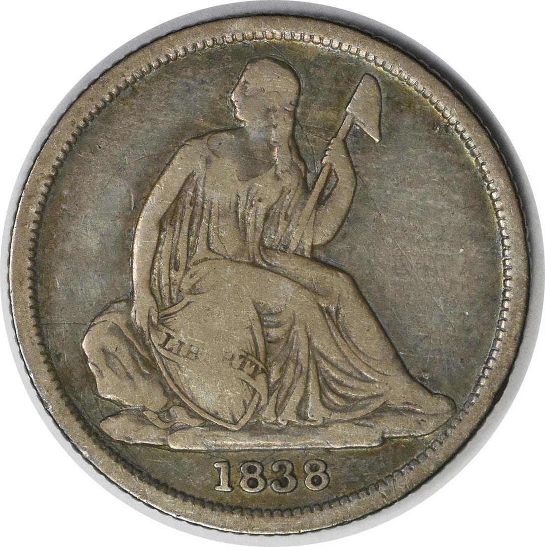1838 New Orleans Seated Liberty 10C Silver Dime F Uncertified RPM1: 1838 New Orleans Seated Liberty 10C Silver Dime F Uncertified RPM1 1838-O/O Liberty Seated silver dime, RPM1 variety, in Fine circulated condition. This uncertified United States 10C coin features the