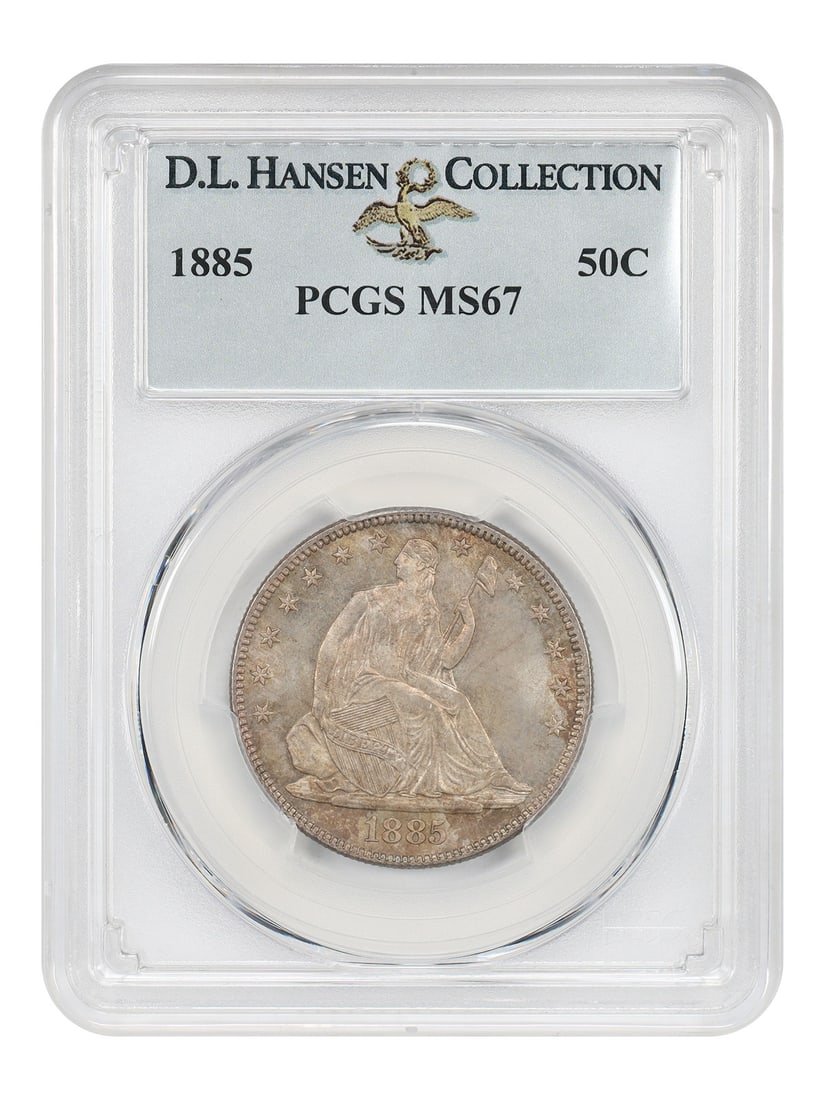 PCGS MS67 1885 Liberty Seated Half Dollar 50C: PCGS MS67 1885 Liberty Seated Half Dollar 50C 1885 Liberty Seated Half Dollar certified by PCGS as MS67. From a tiny mintage of 5,200 coins, this example is tied for the finest available with just fiv