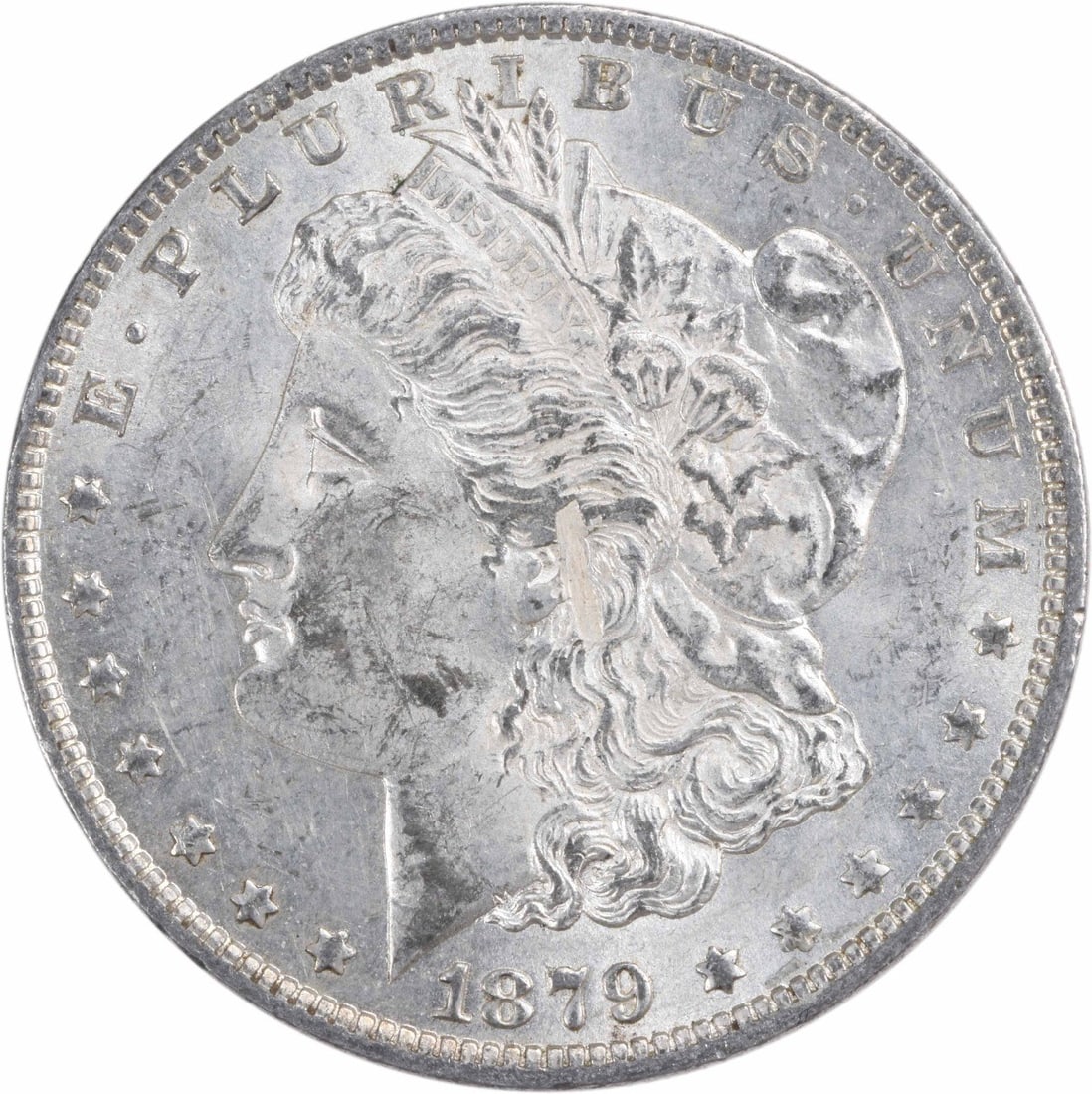1879 O $1 Morgan Dollar AU Uncertified New Orleans Mint: 1879 O $1 Morgan Dollar AU Uncertified New Orleans Mint 1879-O Morgan Silver Dollar in AU slider grade. This circulated, uncertified coin is a pre-owned United States issue designed by George T. Morga