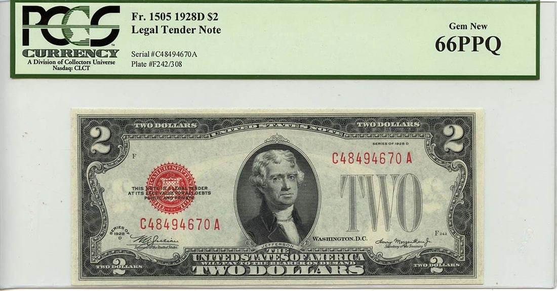 1928D $2 Legal Tender Note Fr# 1505 PCGS GEM 66 PPQ: 1928D $2 Legal Tender Note Fr# 1505 PCGS GEM 66 PPQ This 1928D $2 Legal Tender Note, designated as Fr# 1505, is graded as PCGS GEM 66 PPQ, indicating its exceptional quality and preservation. It is an