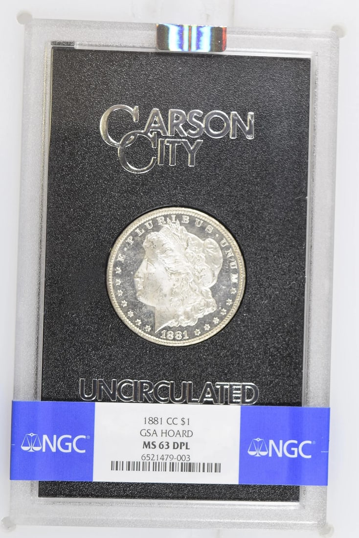 1881 Carson City Morgan Dollar NGC MS-63 DPL GSA Hoard: 1881 Carson City Morgan Dollar NGC MS-63 DPL GSA Hoard Pre-owned 1881 Carson City Morgan Silver Dollar from the GSA Hoard, certified by NGC and graded MS-63 DPL. This silver dollar is a Carson City is