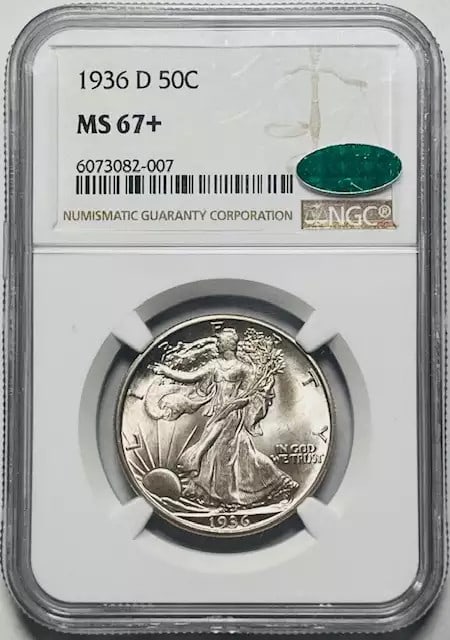 NGC MS 67+ CAC 1936 D Walking Liberty Half Dollar Silver: NGC MS 67+ CAC 1936 D Walking Liberty Half Dollar Silver 1936-D Walking Liberty Half Dollar certified by NGC and CAC. This silver coin is graded MS 67+ and uncirculated. Pre-owned. Specifications Coin