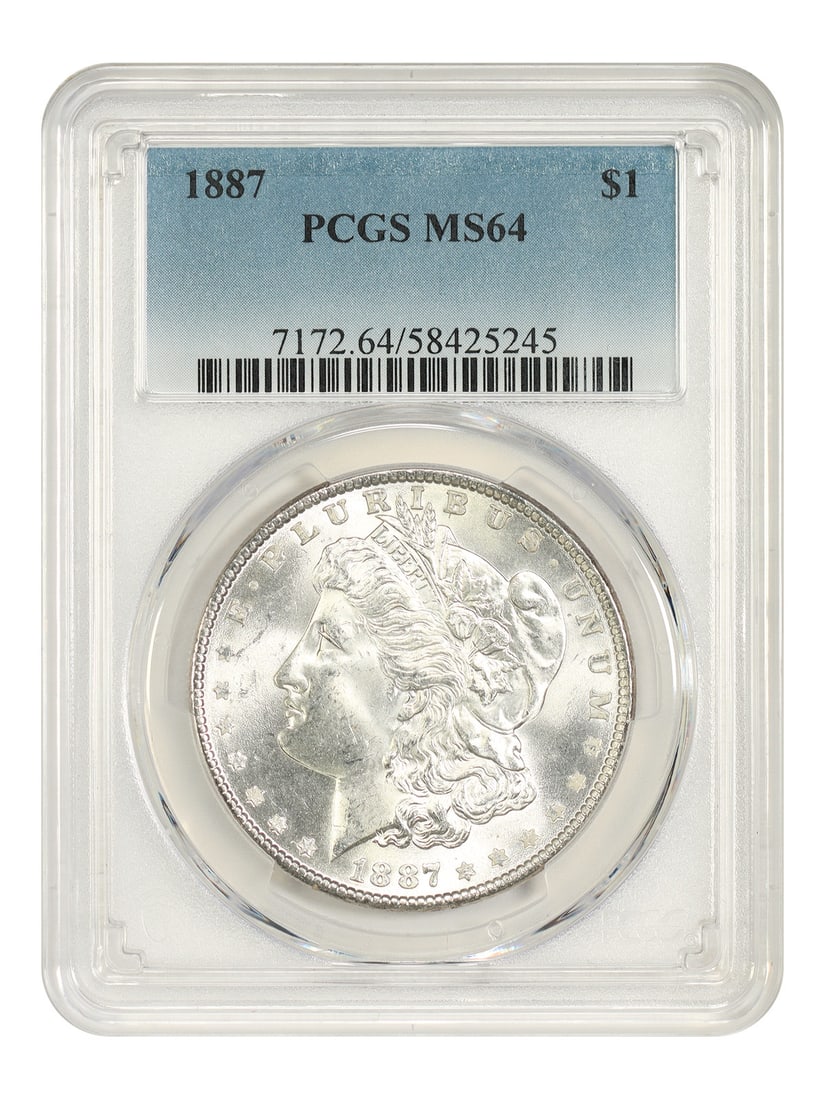PCGS MS64 1887 Morgan Silver Dollar Philadelphia $1 Coin: PCGS MS64 1887 Morgan Silver Dollar Philadelphia $1 Coin 1887 Morgan Dollar certified by PCGS as MS64. This uncirculated Philadelphia issue is a popular collector date. It is considered a common date 