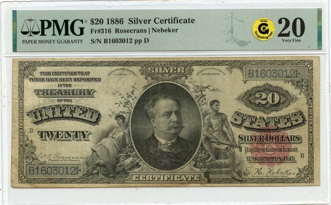 1886 $20 Silver Certificate FR316 PMG Graded VF20 Scarce Collectible Note: 1886 $20 Silver Certificate FR316 PMG Graded VF20 Scarce Collectible Note This 1886 $20 Silver Certificate, designated as FR#316, is a sought-after collectible in the world of currency. Graded by PMG 