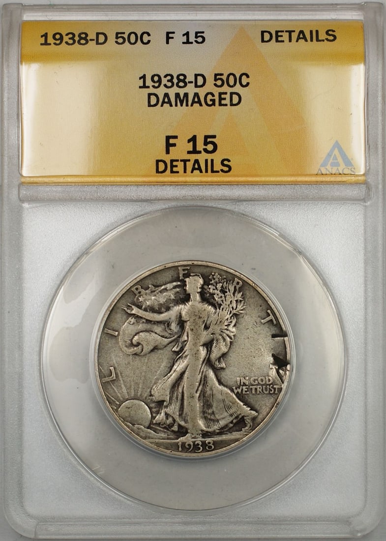 ANACS F-15 1938-D Silver Walking Liberty Half Dollar Damaged: ANACS F-15 1938-D Silver Walking Liberty Half Dollar Damaged This is a 1938-D Walking Liberty Half Dollar graded F-15 by ANACS with details noted as damaged. Minted in Denver, this circulated coin is 