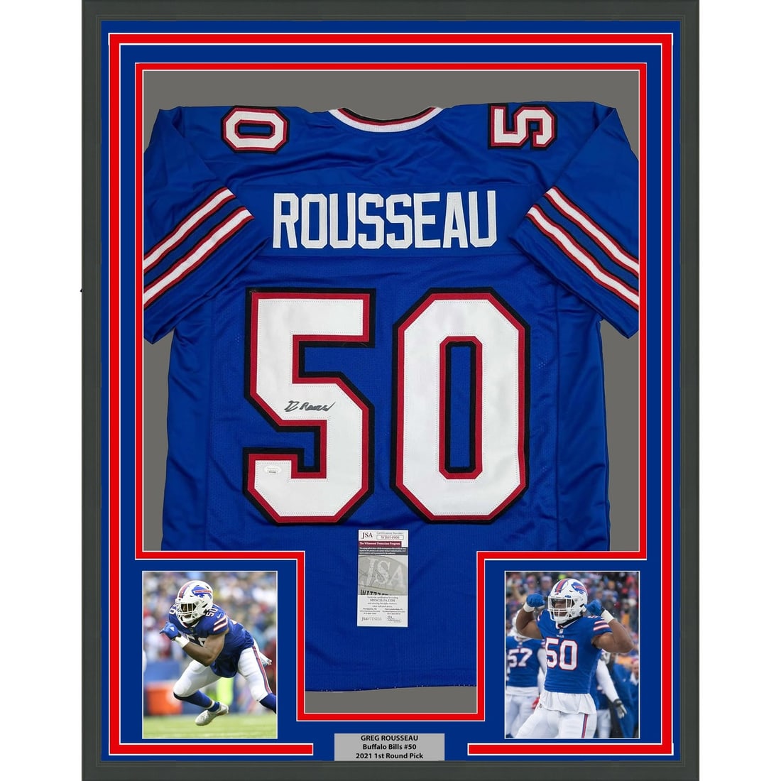 Greg Rousseau signed Buffalo Bills framed blue jersey JSA 35x39 (1 of 2)