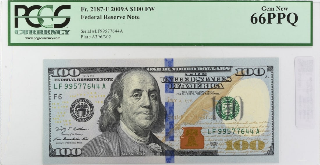 PCGS 66PPQ 2009 $100 Federal Reserve Note Fr 2187-F: PCGS 66PPQ 2009 $100 Federal Reserve Note Fr 2187-F 2009A $100 Federal Reserve Note, certified by PCGS as Gem New 66PPQ. This uncirculated United States note is a pre-owned collectible with EPQ/PPQ gr