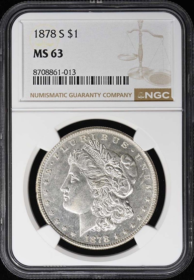 NGC MS63 1878-S United States Morgan Silver Dollar: NGC MS63 1878-S United States Morgan Silver Dollar 1878 Morgan Dollar certified by NGC and graded MS63. This pre-owned coin is uncirculated and was minted in San Francisco. Specifications Coin Type: M