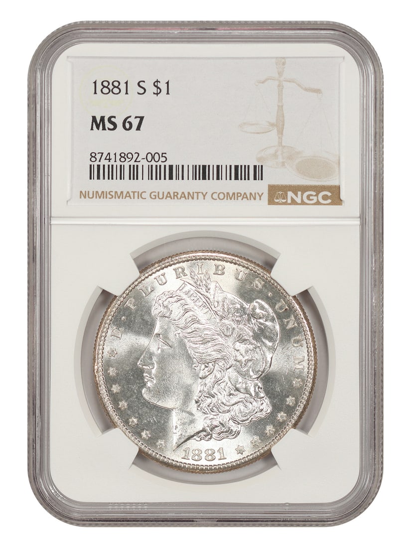 NGC MS67 1881-S Morgan Silver Dollar $1 San Francisco Mint: NGC MS67 1881-S Morgan Silver Dollar $1 San Francisco Mint 1881-S Morgan Dollar graded NGC MS67. This uncirculated example is a popular collector date. The 1881-S issue is described as universally kno