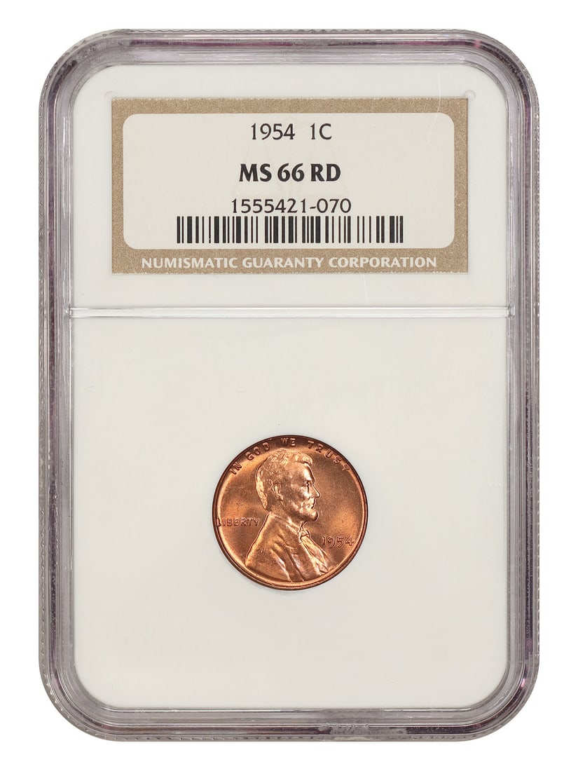 NGC MS66RD 1954 Lincoln Wheat Reverse Cent 1C RD: NGC MS66RD 1954 Lincoln Wheat Reverse Cent 1C RD 1954 Lincoln Cent with Wheat Reverse, certified by NGC as MS66RD. This Philadelphia issue is an uncirculated pre-owned coin with red color designation.